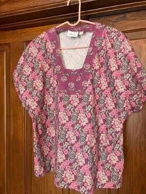 Vermont Country Store Women's Floral Pink Cotton Square-Neck Top Size L